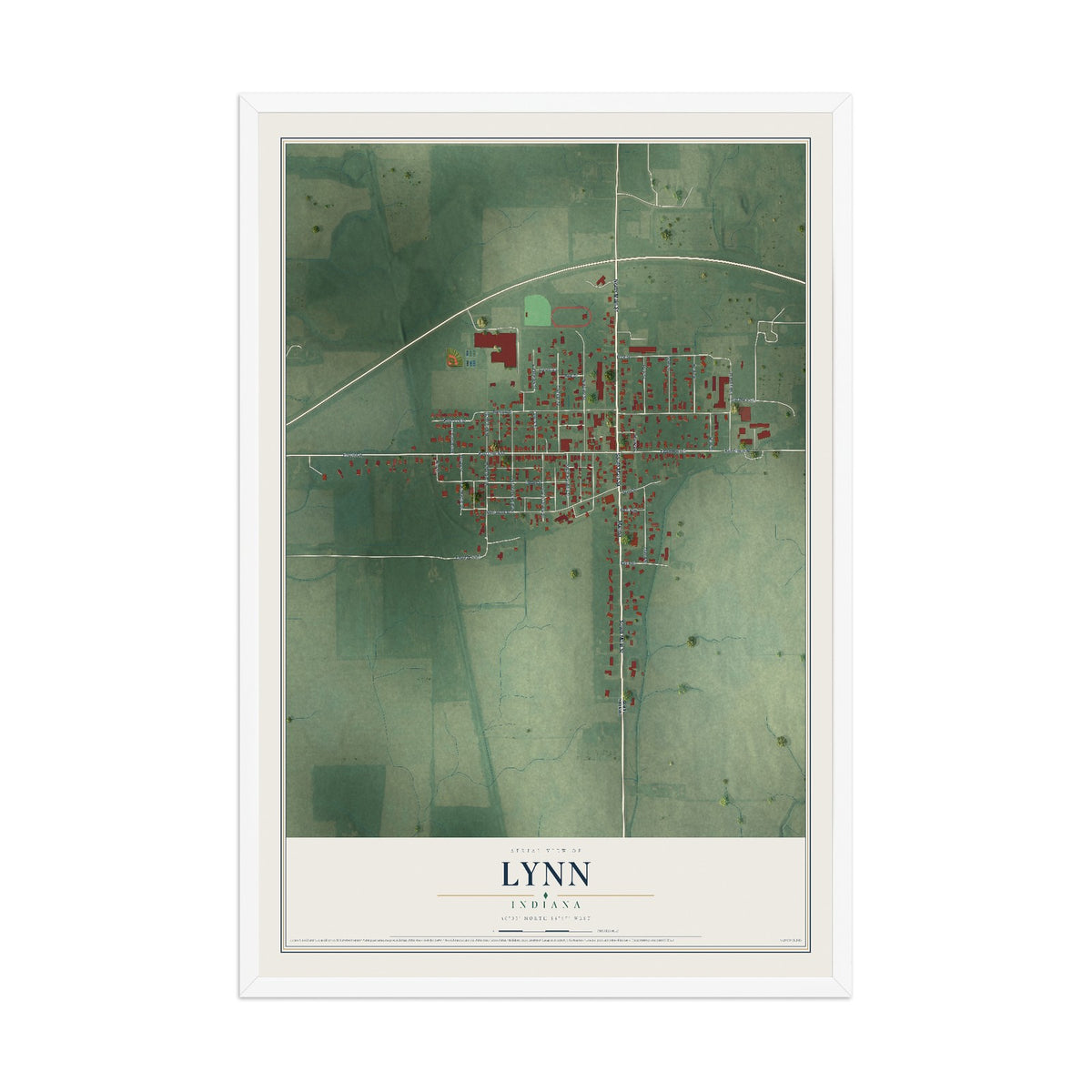 Map of Lynn, Indiana, 12 x 18 inch print in a white wood frame