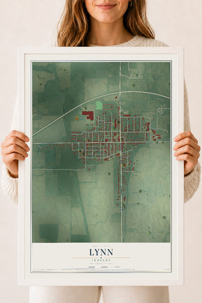 Map of Lynn, Indiana, 18 x 24 inch print in a white wood frame