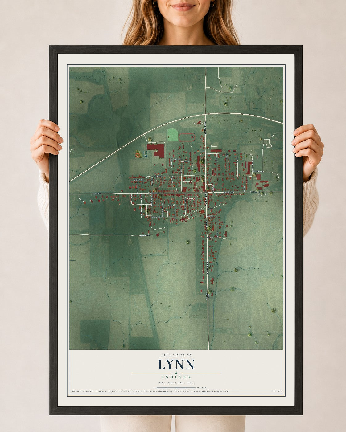 Map of Lynn, Indiana, 24 x 36 inch print in a black wood frame