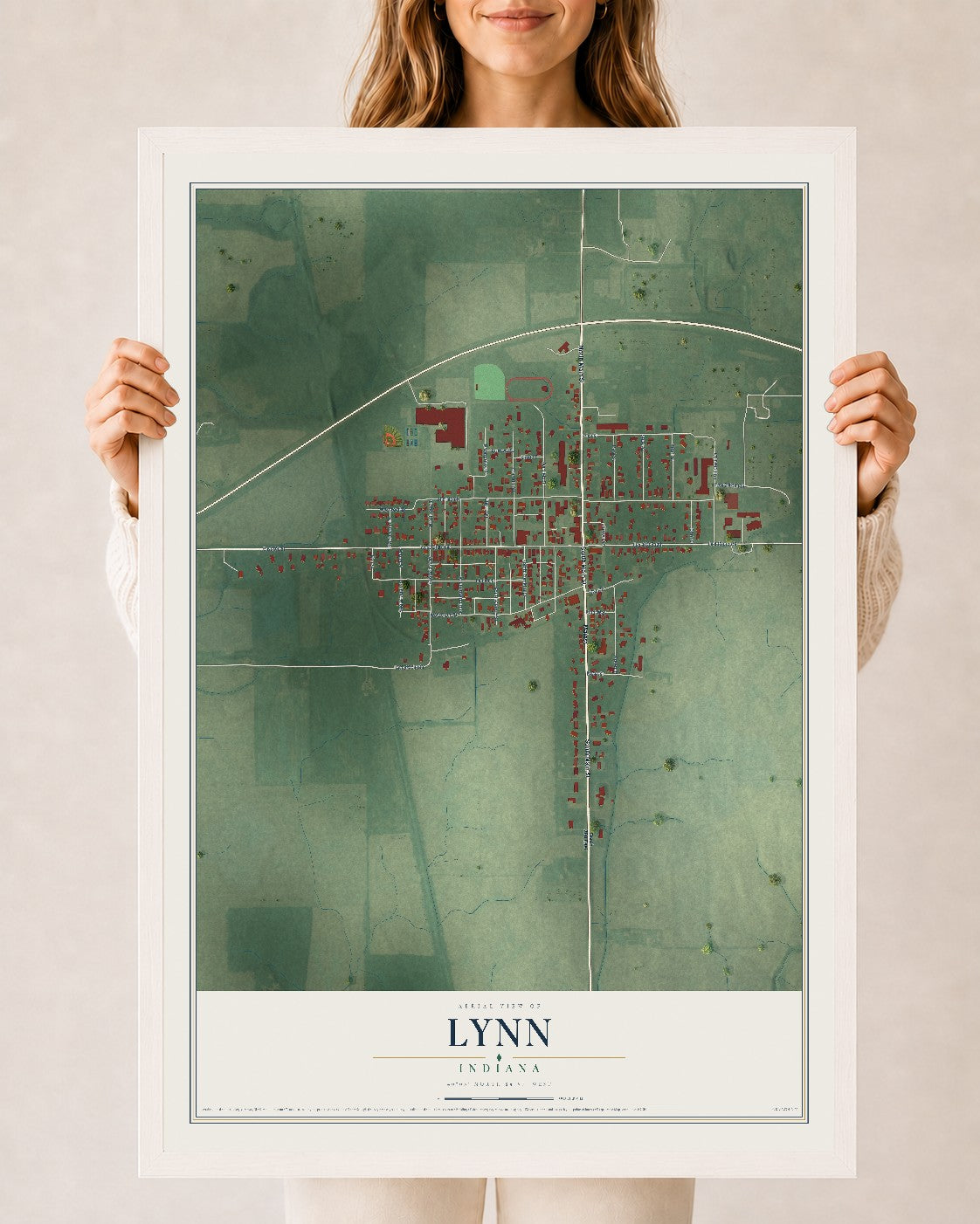 Map of Lynn, Indiana, 24 x 36 inch print in a white wood frame