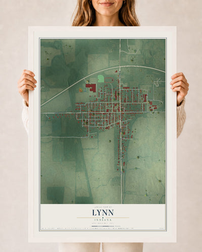 Map of Lynn, Indiana, 24 x 36 inch print in a white wood frame