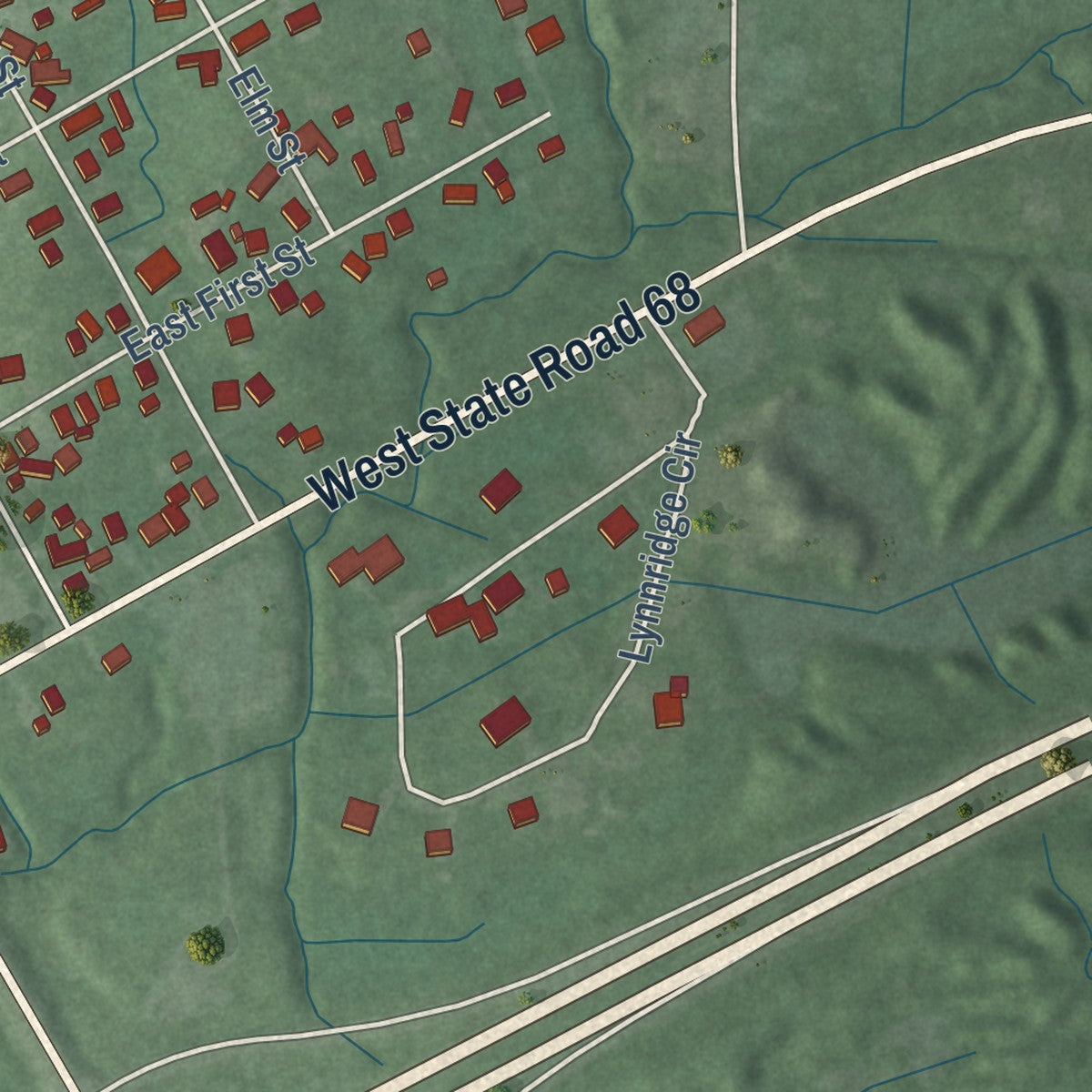 Second close-up of the map of Lynnville, Indiana print showing more streets and buildings
