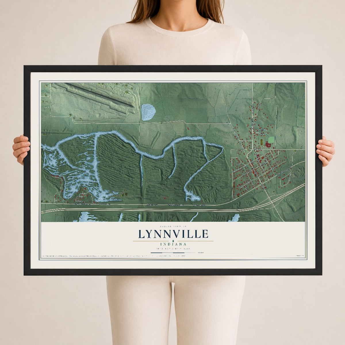 Map of Lynnville, Indiana, 24 x 36 inch print in a black wood frame