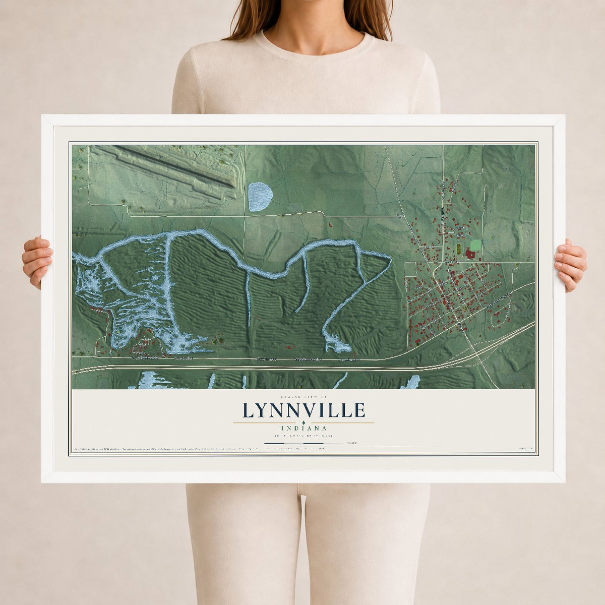 Map of Lynnville, Indiana, 24 x 36 inch print in a white wood frame