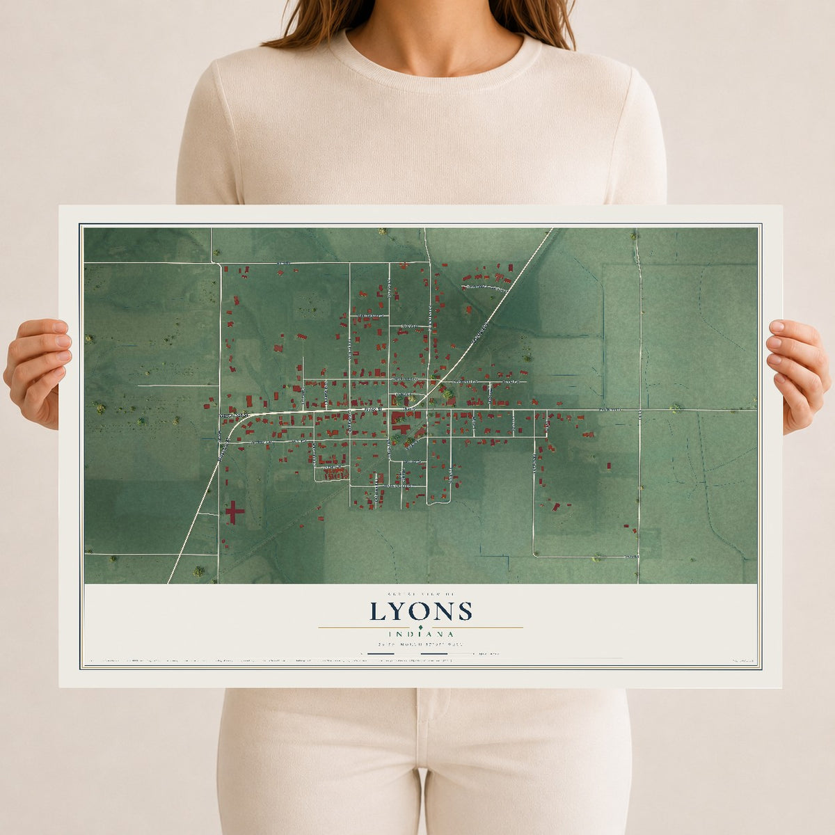 Map of Lyons, Indiana, 12 x 18 inch unframed archival matte print