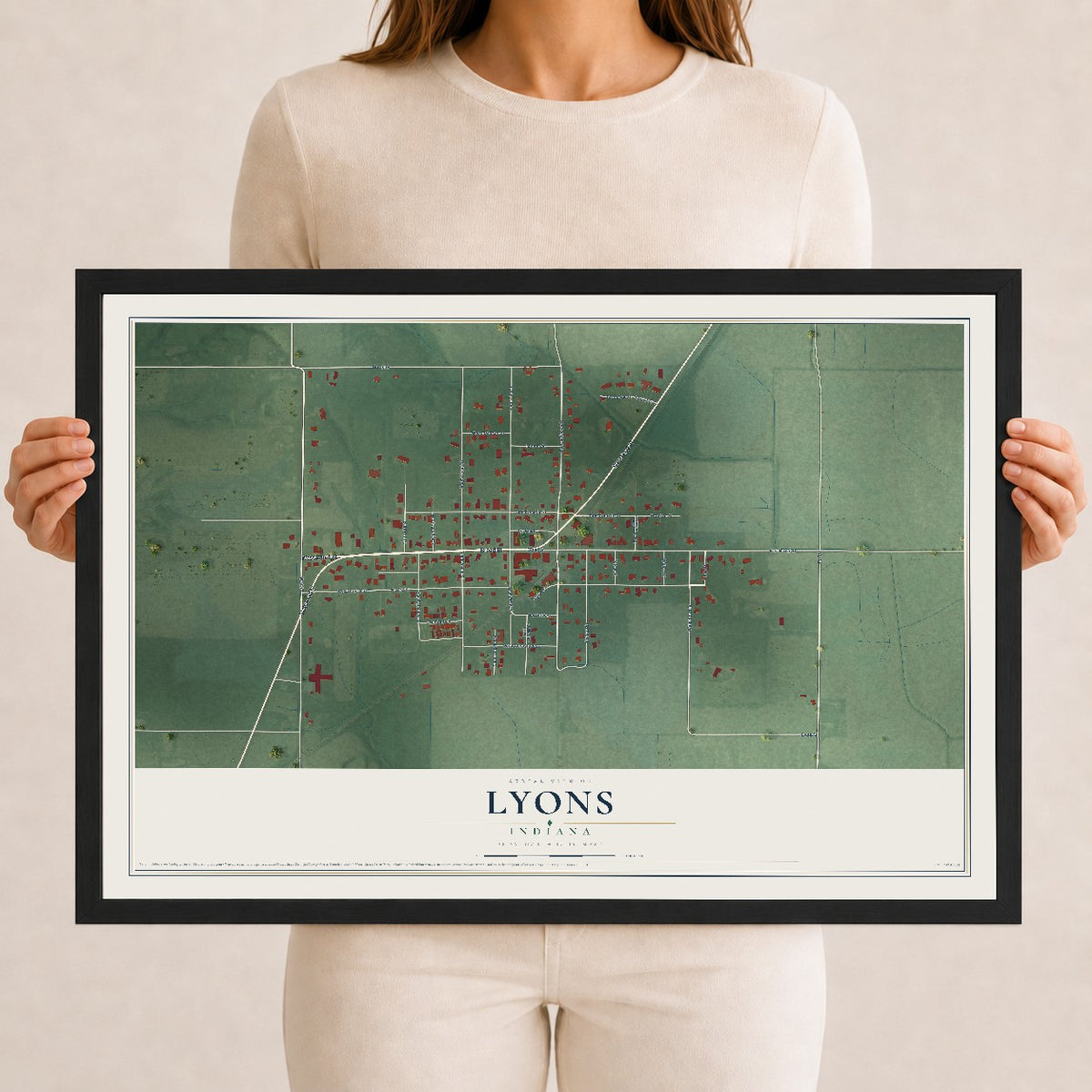 Map of Lyons, Indiana, 12 x 18 inch print in a black wood frame