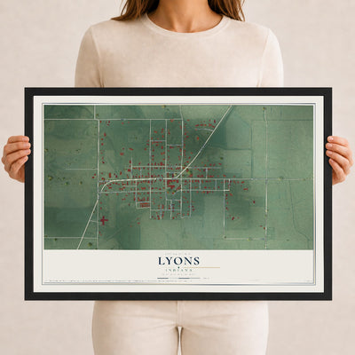 Map of Lyons, Indiana, 12 x 18 inch print in a black wood frame