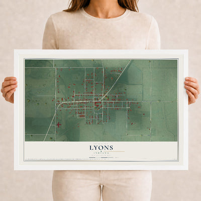 Map of Lyons, Indiana, 12 x 18 inch print in a white wood frame
