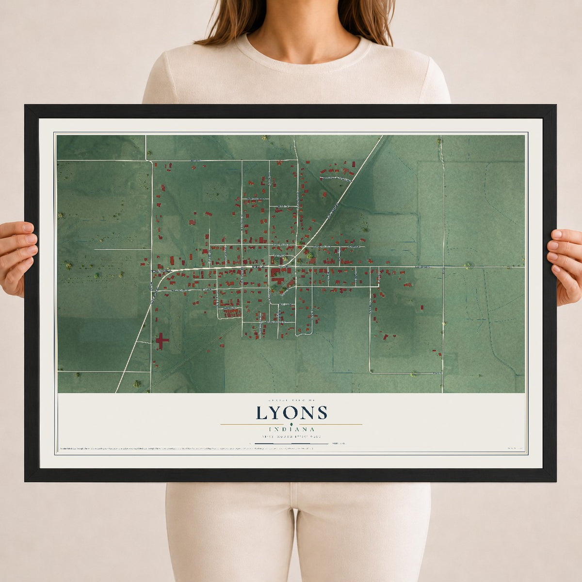 Map of Lyons, Indiana, 18 x 24 inch print in a black wood frame