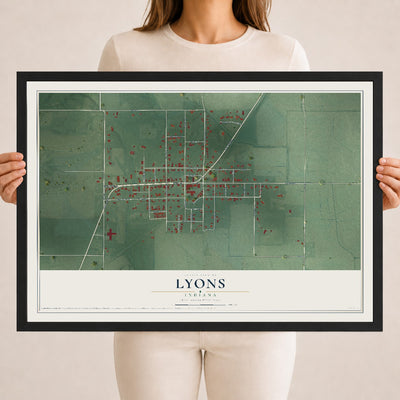 Map of Lyons, Indiana, 18 x 24 inch print in a black wood frame