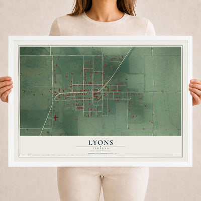 Map of Lyons, Indiana, 18 x 24 inch print in a white wood frame