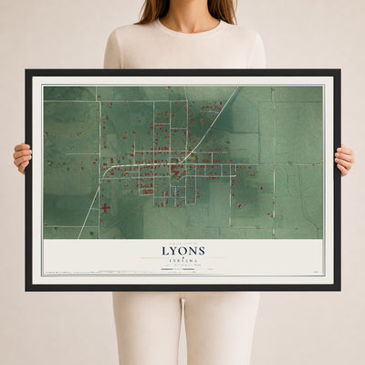 Map of Lyons, Indiana, 24 x 36 inch print in a black wood frame