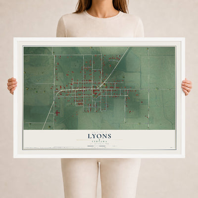 Map of Lyons, Indiana, 24 x 36 inch print in a white wood frame
