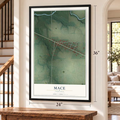 Mace, Indiana map, 24 x 36 inch print in a black frame by a staircase