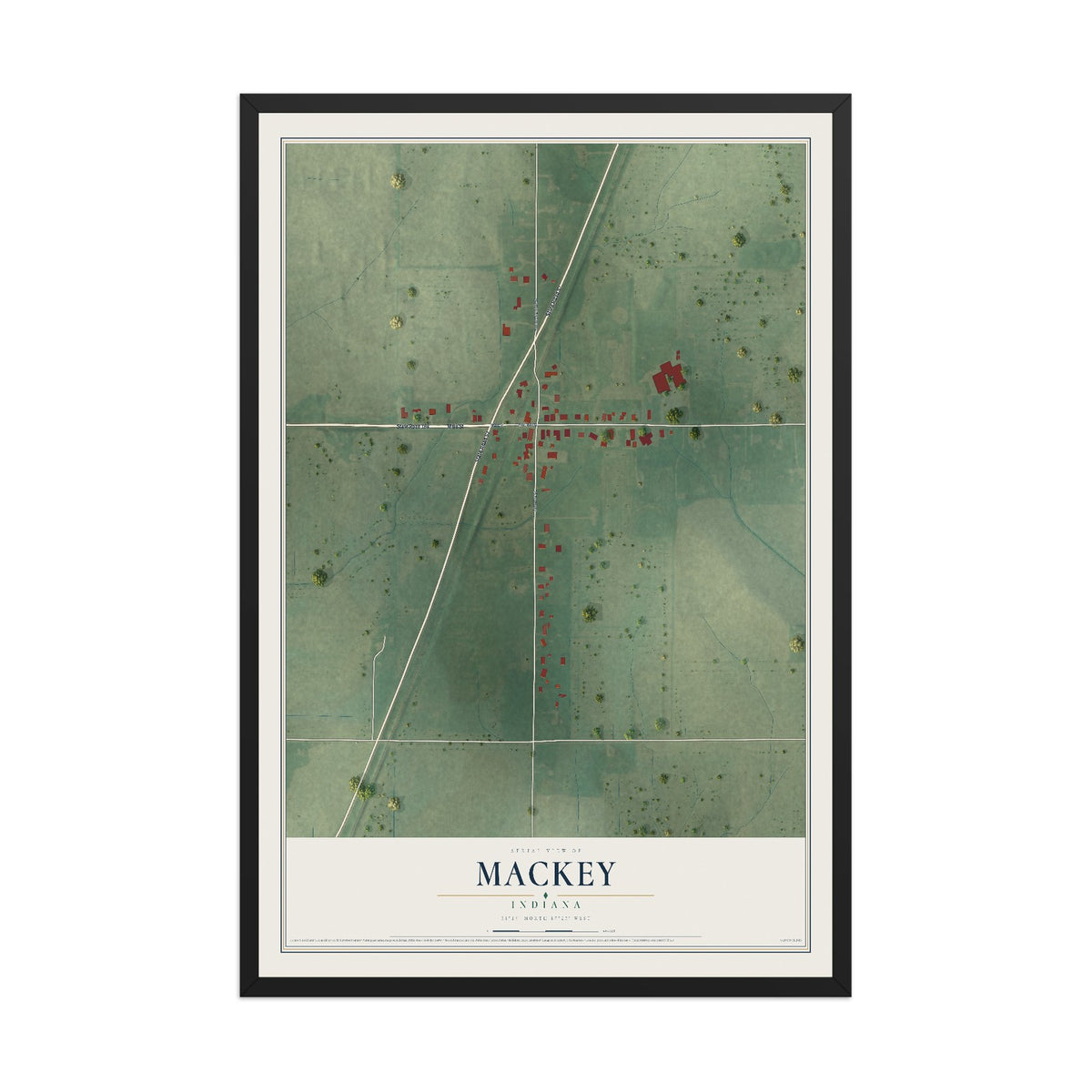 Map of Mackey, Indiana, 12 x 18 inch print in a black wood frame