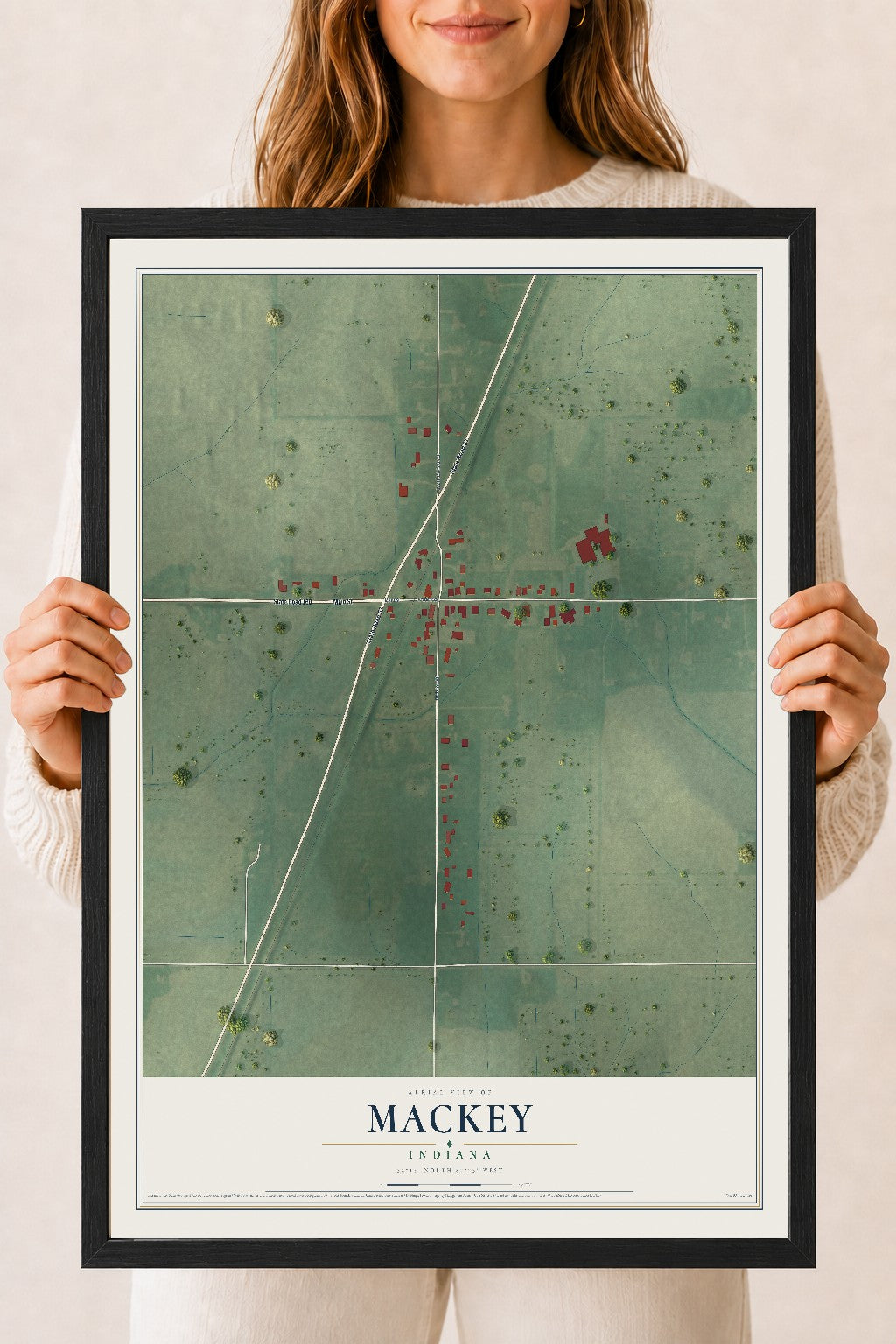Map of Mackey, Indiana, 18 x 24 inch print in a black wood frame
