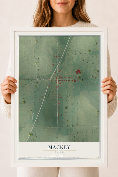 Map of Mackey, Indiana, 18 x 24 inch print in a white wood frame