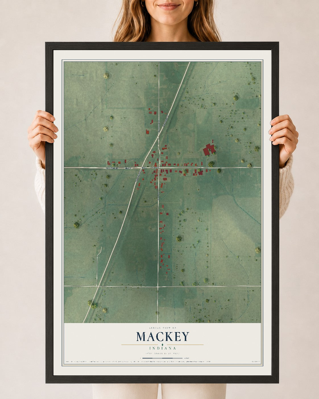 Map of Mackey, Indiana, 24 x 36 inch print in a black wood frame