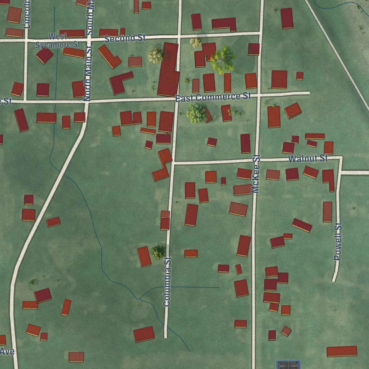 Close-up of the map of Macy, Indiana print showing street and building detail
