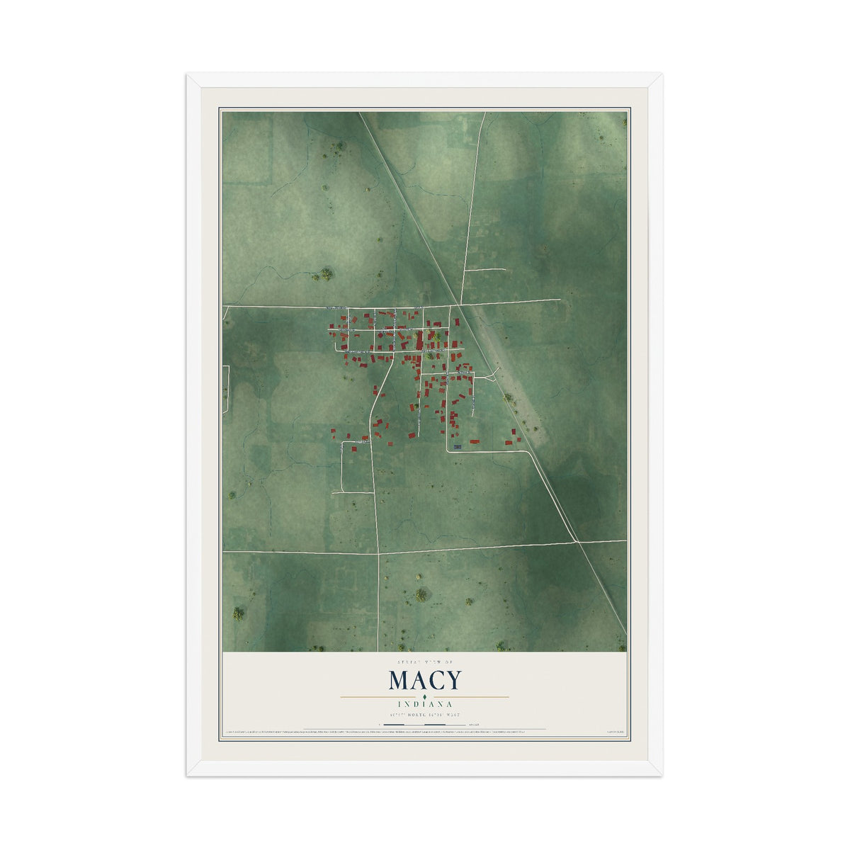Map of Macy, Indiana, 12 x 18 inch print in a white wood frame