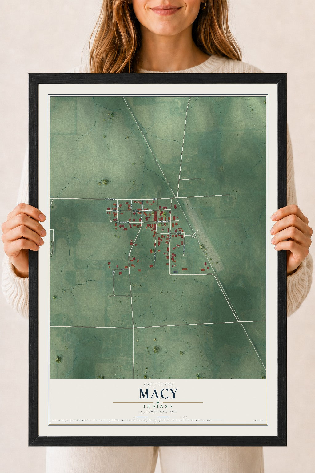 Map of Macy, Indiana, 18 x 24 inch print in a black wood frame