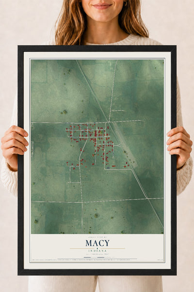 Map of Macy, Indiana, 18 x 24 inch print in a black wood frame