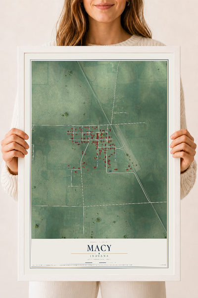 Map of Macy, Indiana, 18 x 24 inch print in a white wood frame