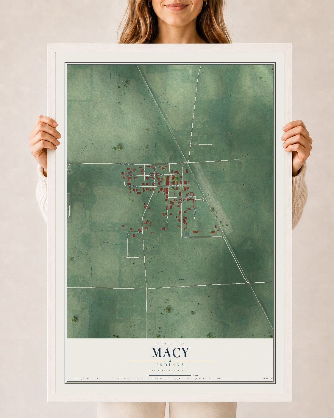 Map of Macy, Indiana, 24 x 36 inch print in a white wood frame