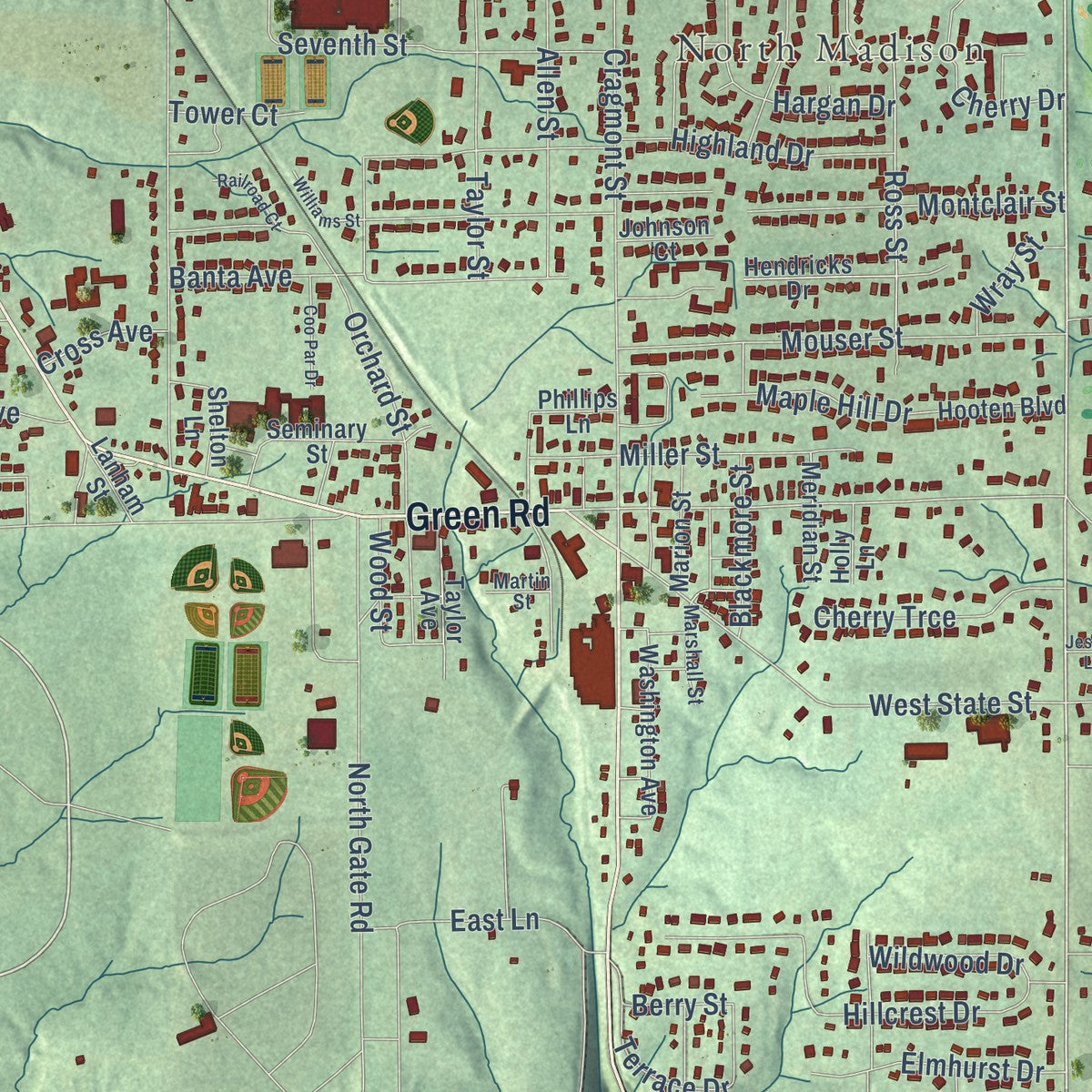 Close-up of the map of Madison, Indiana print showing street and building detail