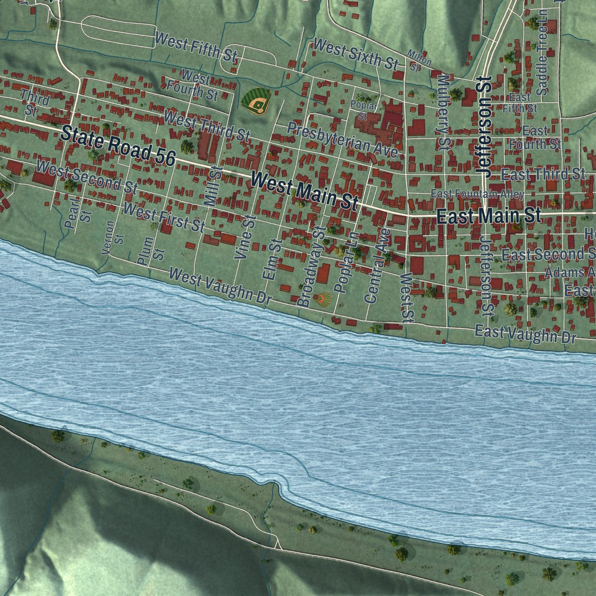 Second close-up of the map of Madison, Indiana print showing more streets and buildings