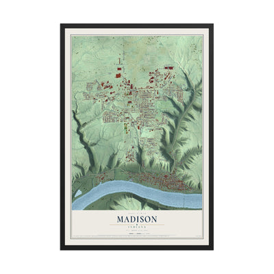 Map of Madison, Indiana, 12 x 18 inch print in a black wood frame