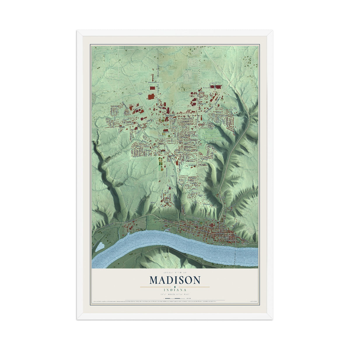 Map of Madison, Indiana, 12 x 18 inch print in a white wood frame