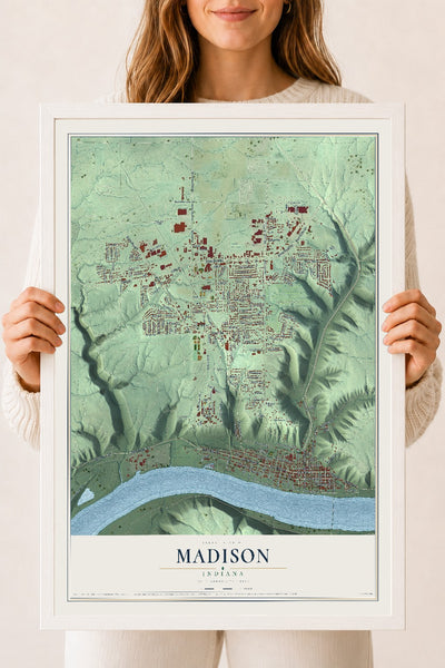 Map of Madison, Indiana, 18 x 24 inch print in a white wood frame