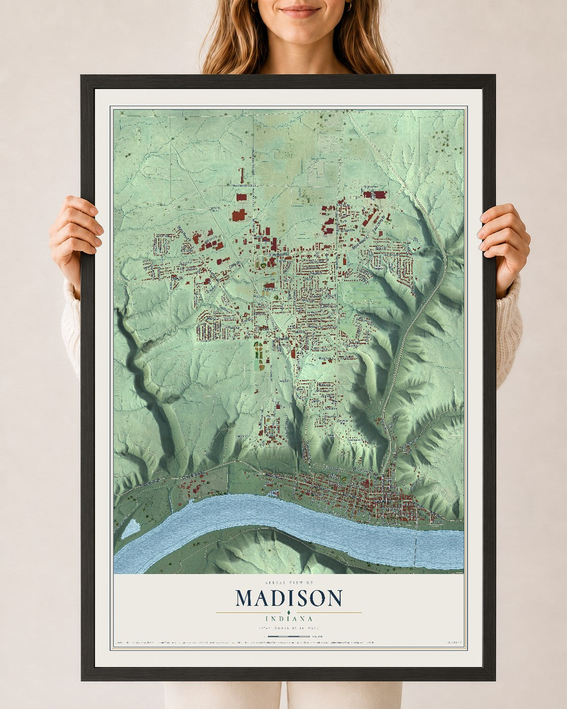 Map of Madison, Indiana, 24 x 36 inch print in a black wood frame