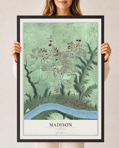 Map of Madison, Indiana, 24 x 36 inch print in a black wood frame