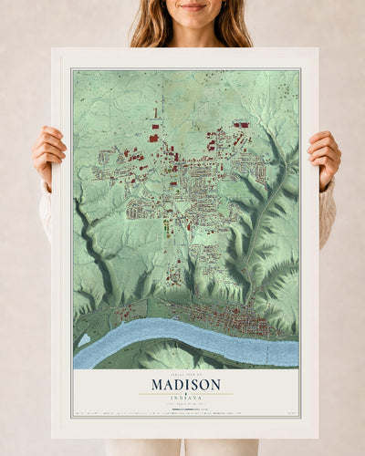 Map of Madison, Indiana, 24 x 36 inch print in a white wood frame