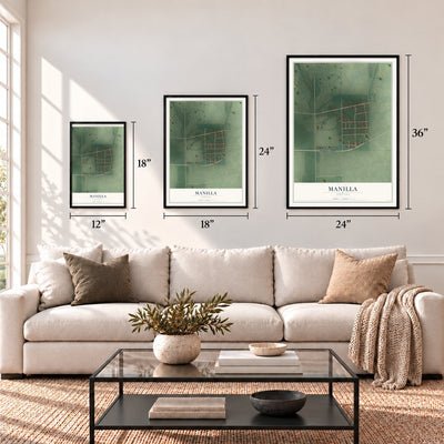 Manilla, Indiana map in 12 x 18, 18 x 24 and 24 x 36 inch sizes above a sofa