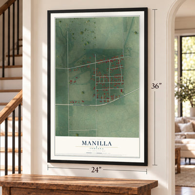 Manilla, Indiana map, 24 x 36 inch print in a black frame by a staircase