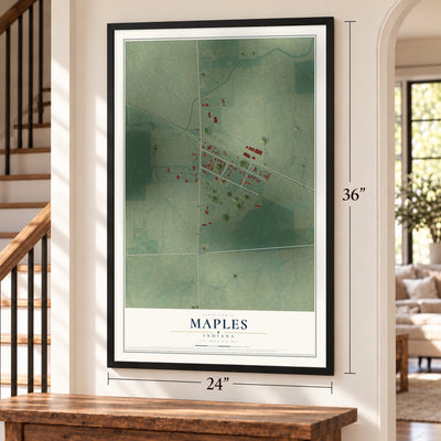 Maples, Indiana map, 24 x 36 inch print in a black frame by a staircase
