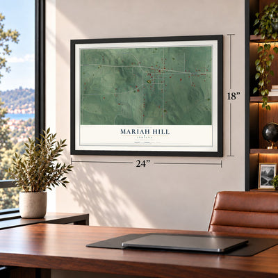 Mariah Hill, Indiana map, 18 x 24 inch print in a black frame in a home office