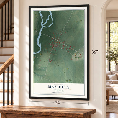 Marietta, Indiana map, 24 x 36 inch print in a black frame by a staircase