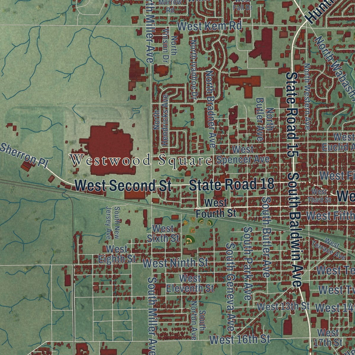 Close-up of the map of Marion, Indiana print showing street and building detail