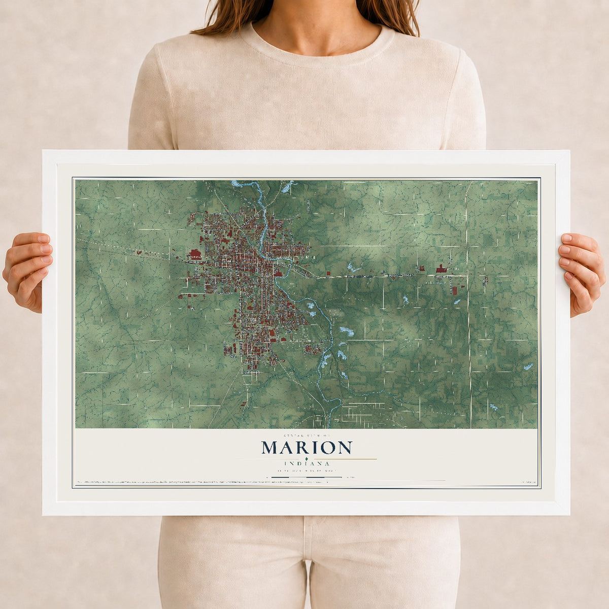 Map of Marion, Indiana, 12 x 18 inch print in a white wood frame