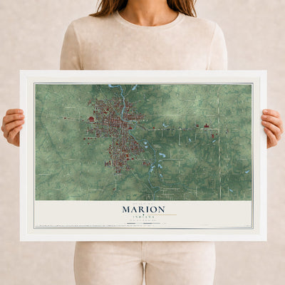 Map of Marion, Indiana, 12 x 18 inch print in a white wood frame