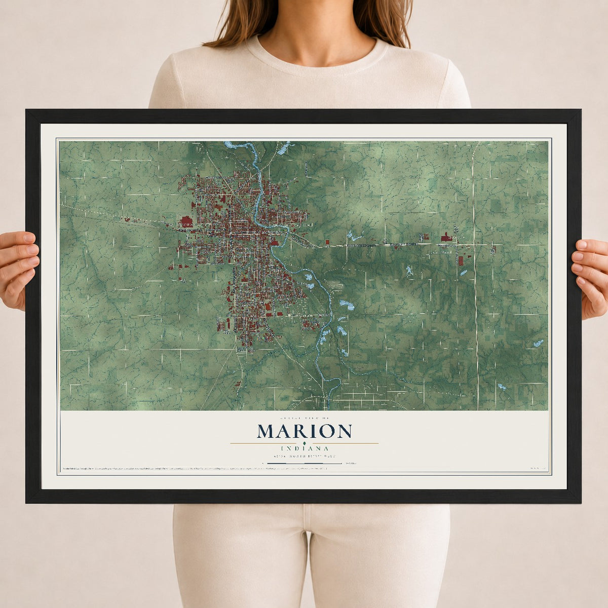 Map of Marion, Indiana, 18 x 24 inch print in a black wood frame
