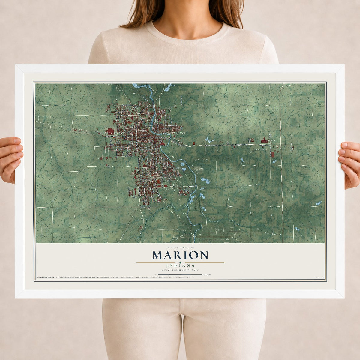 Map of Marion, Indiana, 18 x 24 inch print in a white wood frame