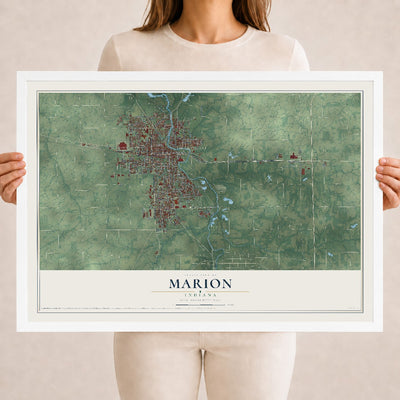Map of Marion, Indiana, 18 x 24 inch print in a white wood frame
