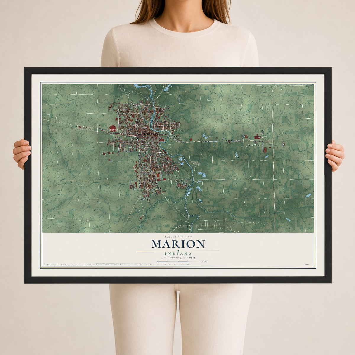 Map of Marion, Indiana, 24 x 36 inch print in a black wood frame