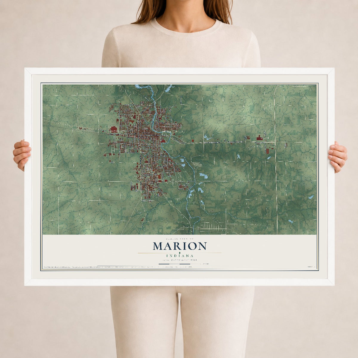 Map of Marion, Indiana, 24 x 36 inch print in a white wood frame