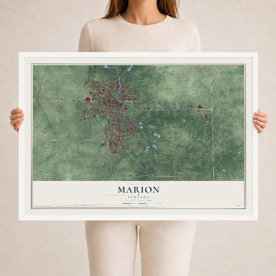 Map of Marion, Indiana, 24 x 36 inch print in a white wood frame